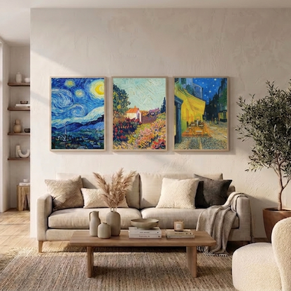 Van Gogh: Cafe Terrace, Starry Night, Cottage Landscape without text (Set of 3)