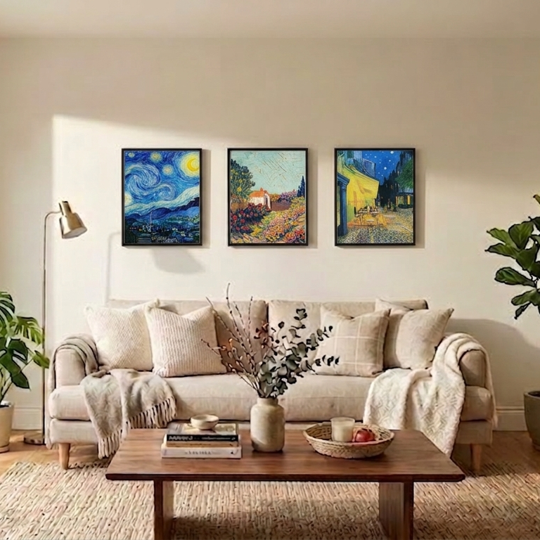 Van Gogh: Cafe Terrace, Starry Night, Cottage Landscape without text (Set of 3)